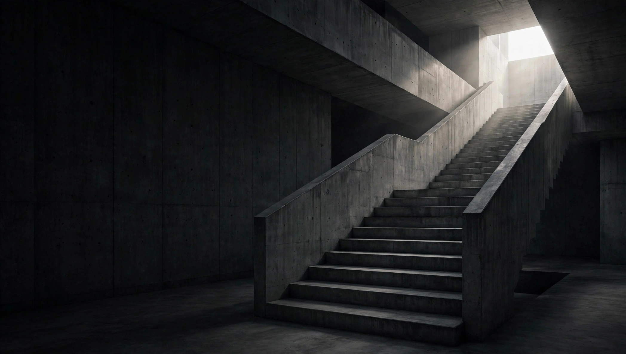 A dark concrete staircase climbing toward bright light at the top